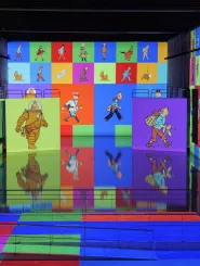 Tintin aux Bassins sur carrés colorés